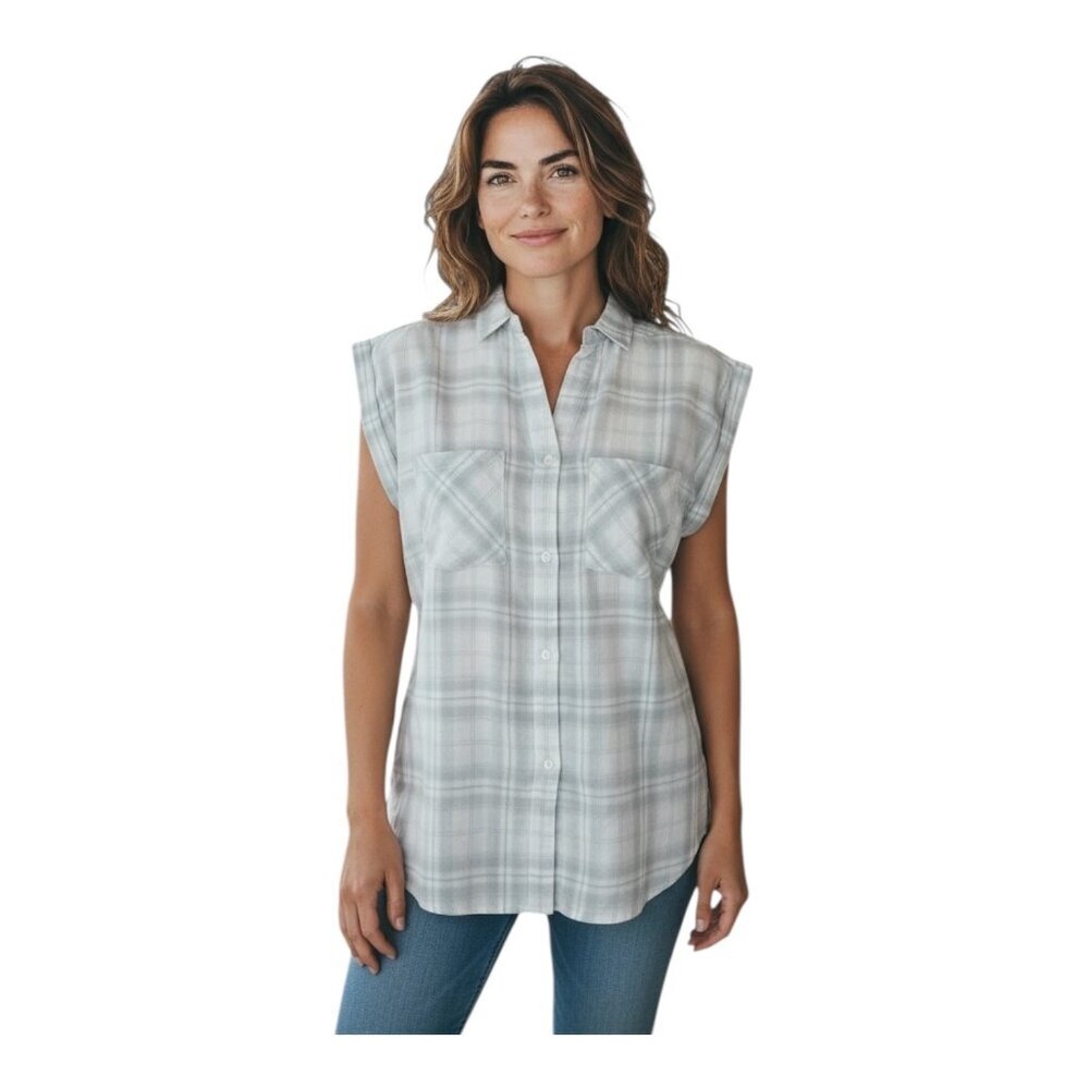 UNTUCKIT Womens Villefranche Button Up Blouse~Size 2~Gray Ivory Plaid NWOT L3 28